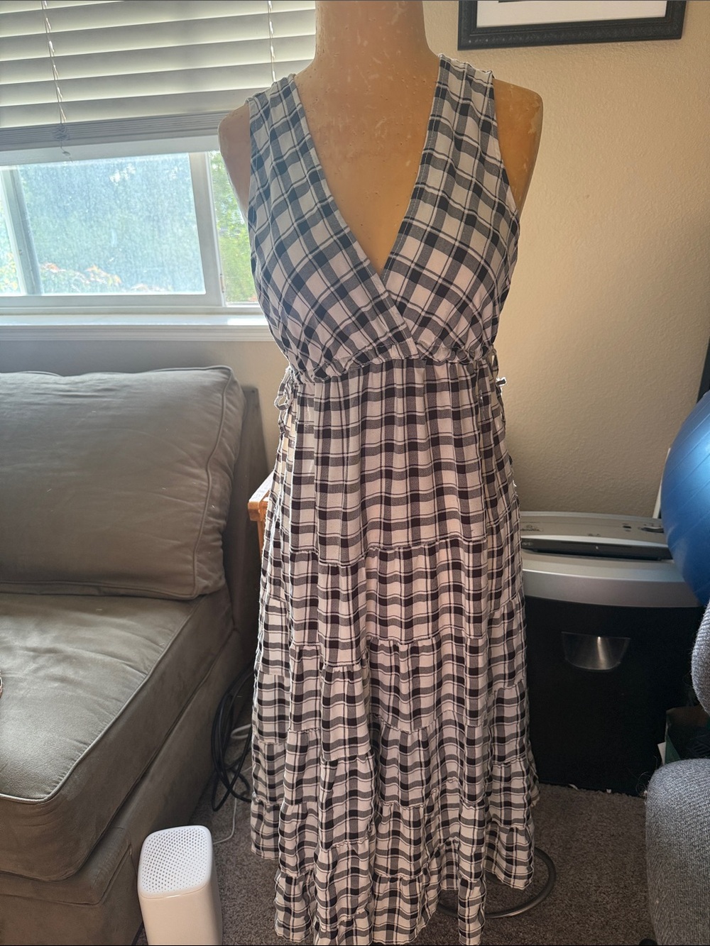Max Studio Black and White Plaid V-Neck Tiered Maxi Dress